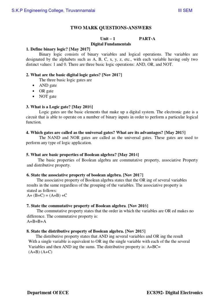 Ec8392 Digital Electronics | PDF | Logic Gate | Read Only Memory