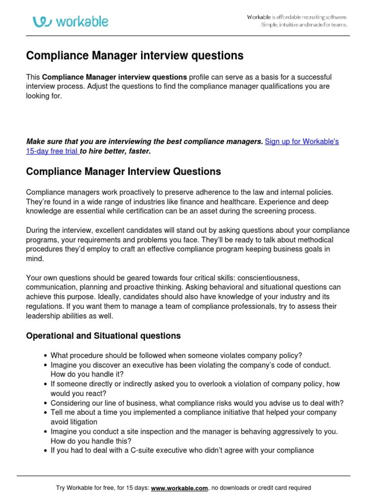 Compliance Manager Interview Questions PDF | PDF | Regulatory ...