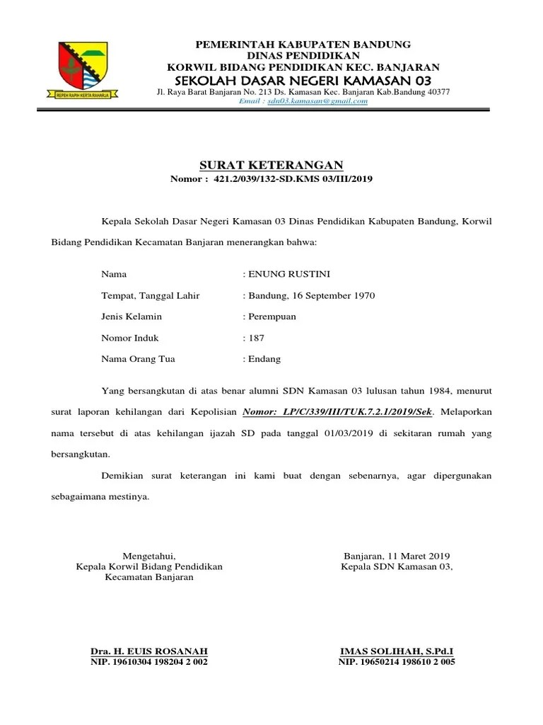 SURAT KETERANGAN KEHILANGAN IJAZAH SD | PDF