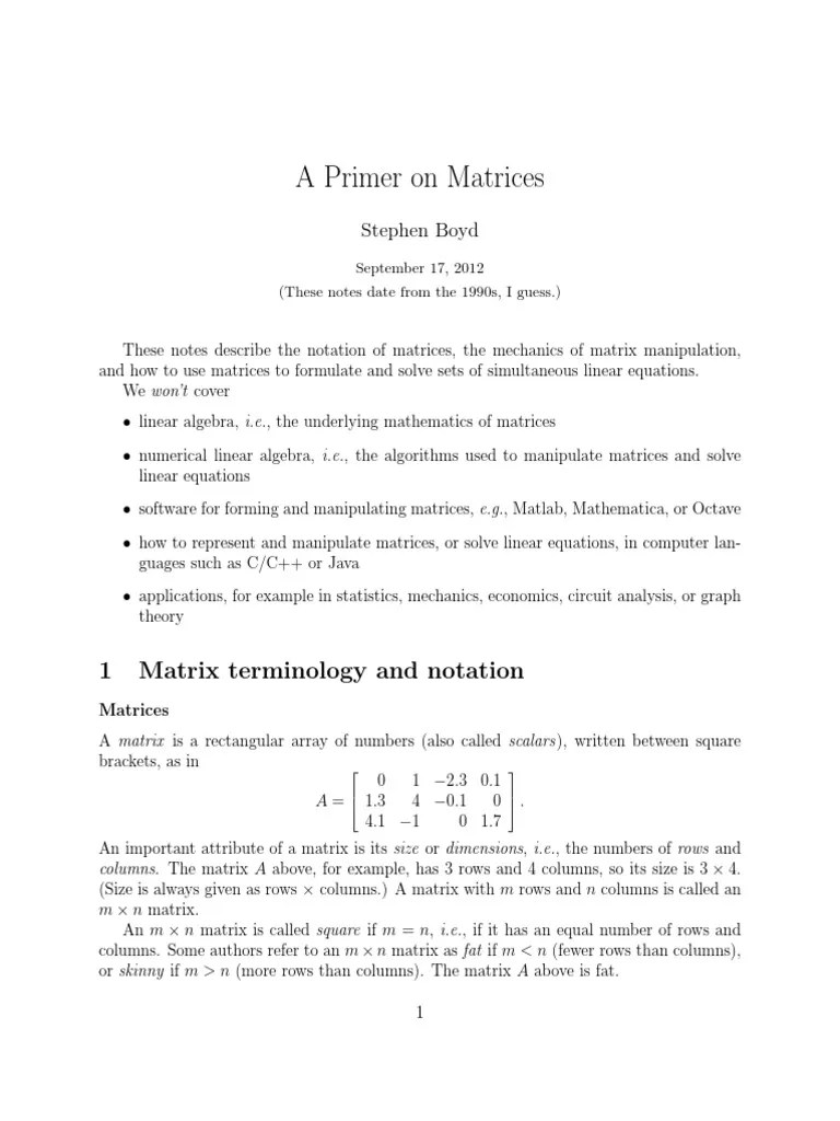 Notes Matrix Primer | PDF | Matrix (Mathematics) | System Of Linear Equations