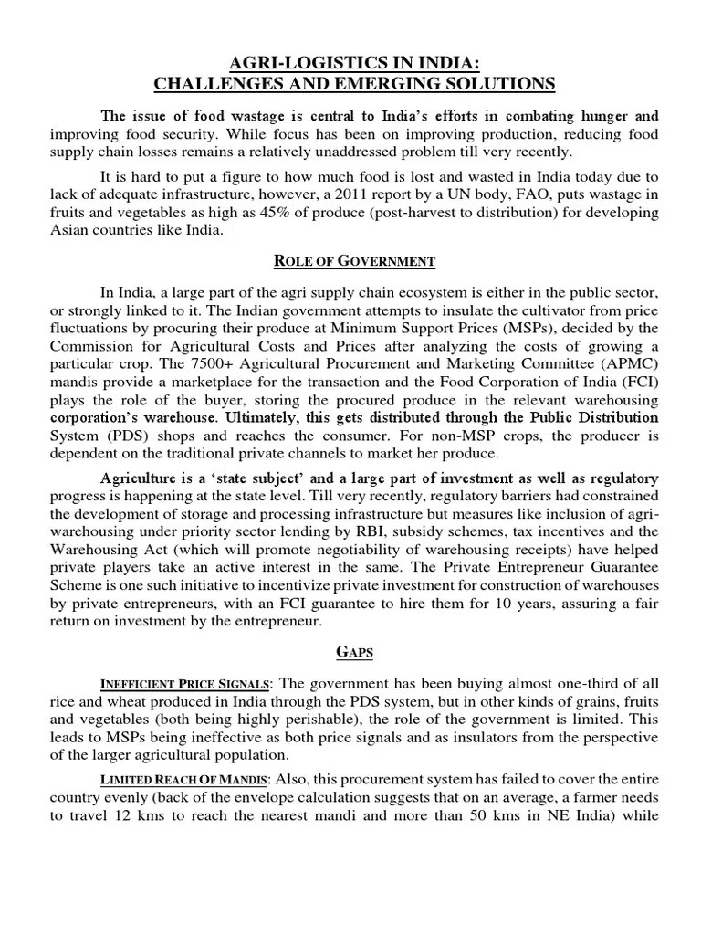 Agri Logistics In India Challenges And Emerging Solutions | PDF | Warehouse | Agriculture