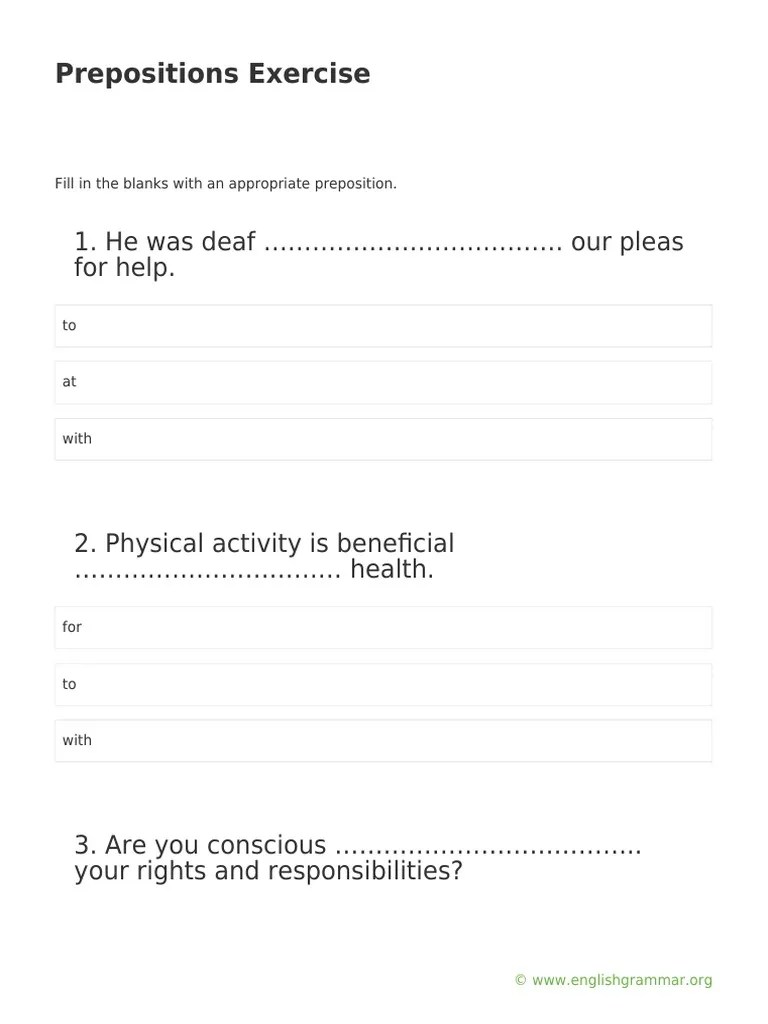 Prepositions Exercise: 1. He Was Deaf . Our Pleas For Help | PDF