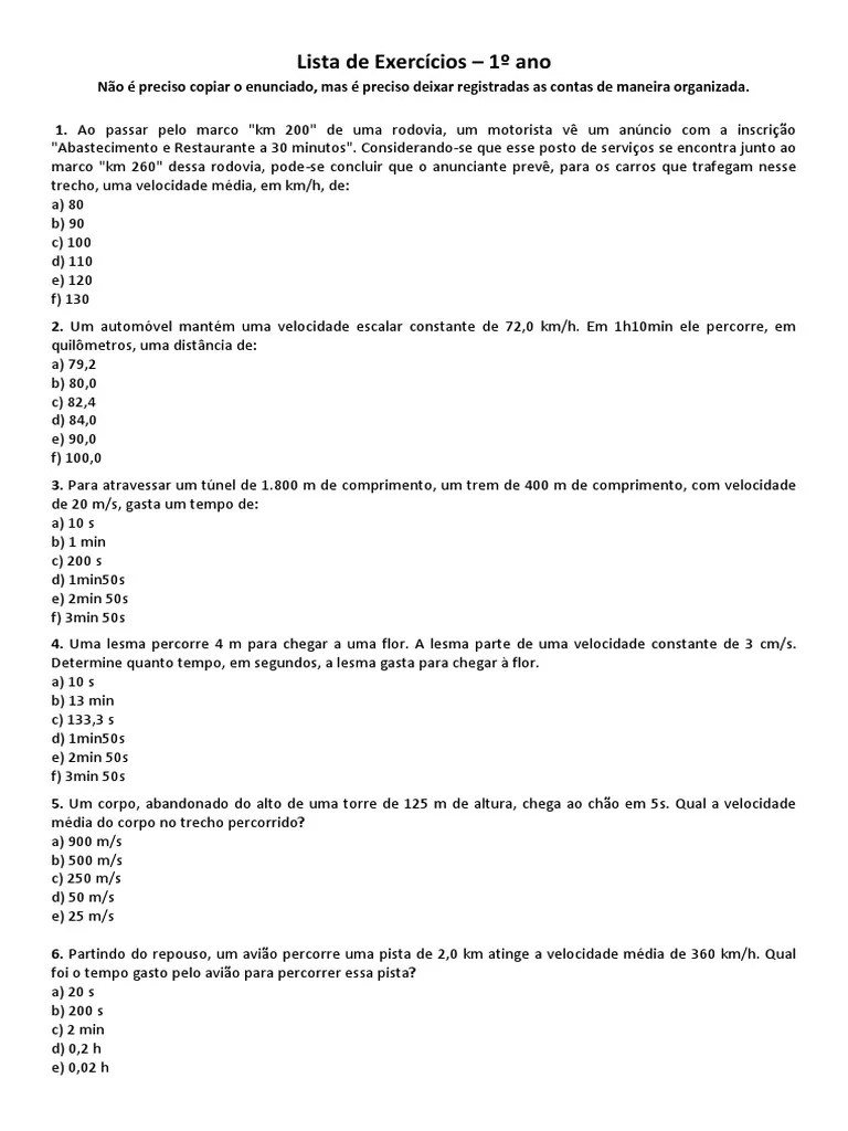 Exercicios Fisica Primeiro Ano | PDF | Metro | Rodovia De Acesso Controlado