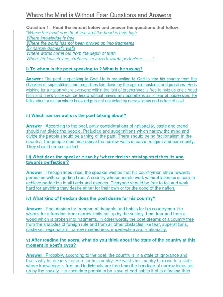 Where The Mind Is Without Fear Questions And Answers | PDF