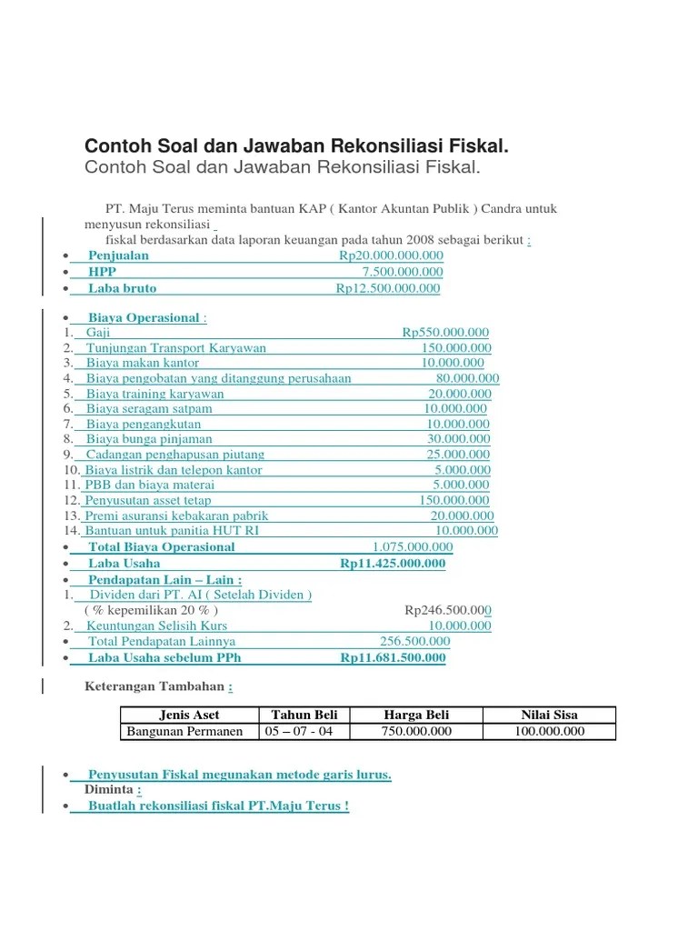 Contoh soal dan jawaban rekonsiliasi fiskal kasus pt. Contoh Soal Rekonsiliasi Fiskal Contoh Soal Terbaru