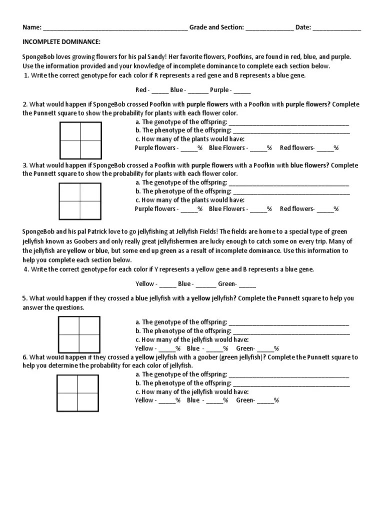 Codominance, both colors show up. Incomplete Dominance Worksheet Pdf Dominance Genetics Genotype