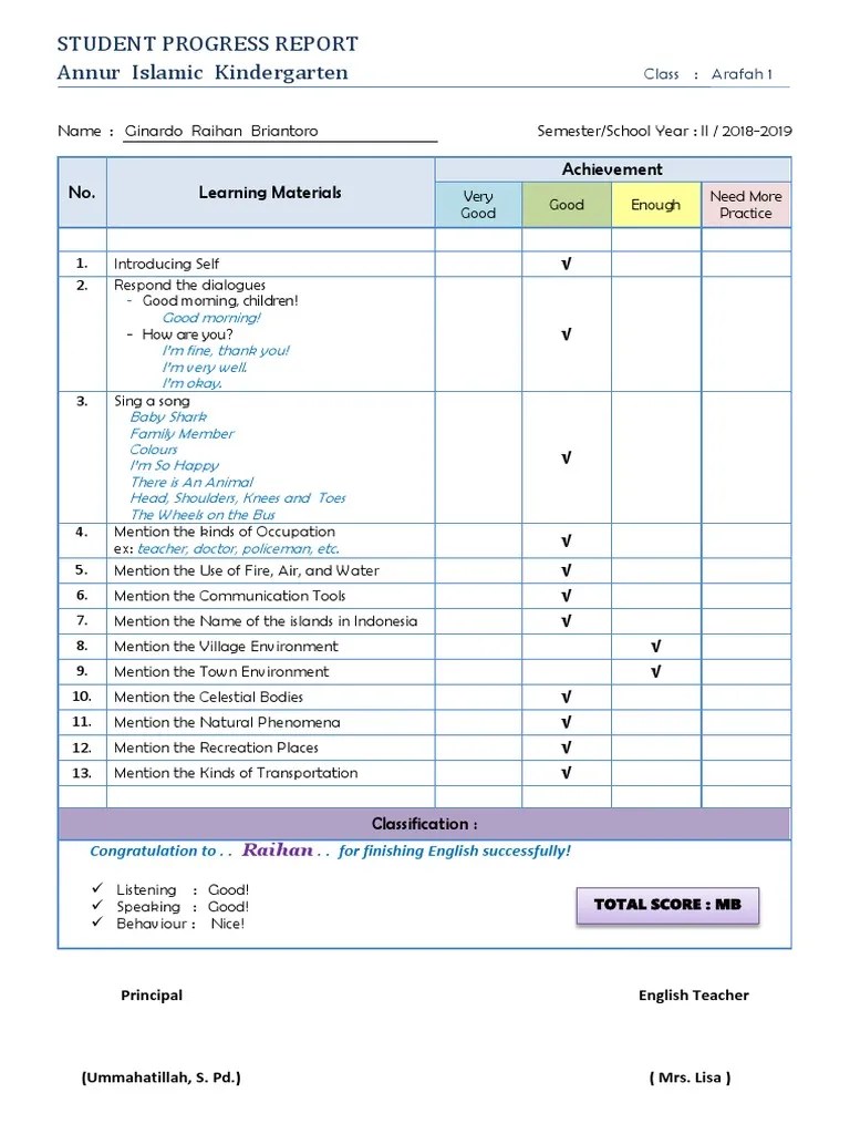 Format Penilaian Bahasa Inggris TK | PDF | Behavior Modification ...