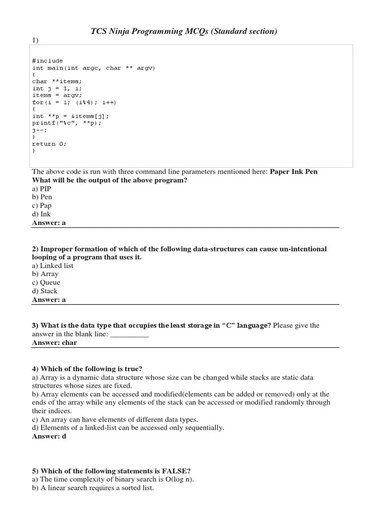 TCS Ninja Programming MCQs | PDF | Array Data Structure | C ...