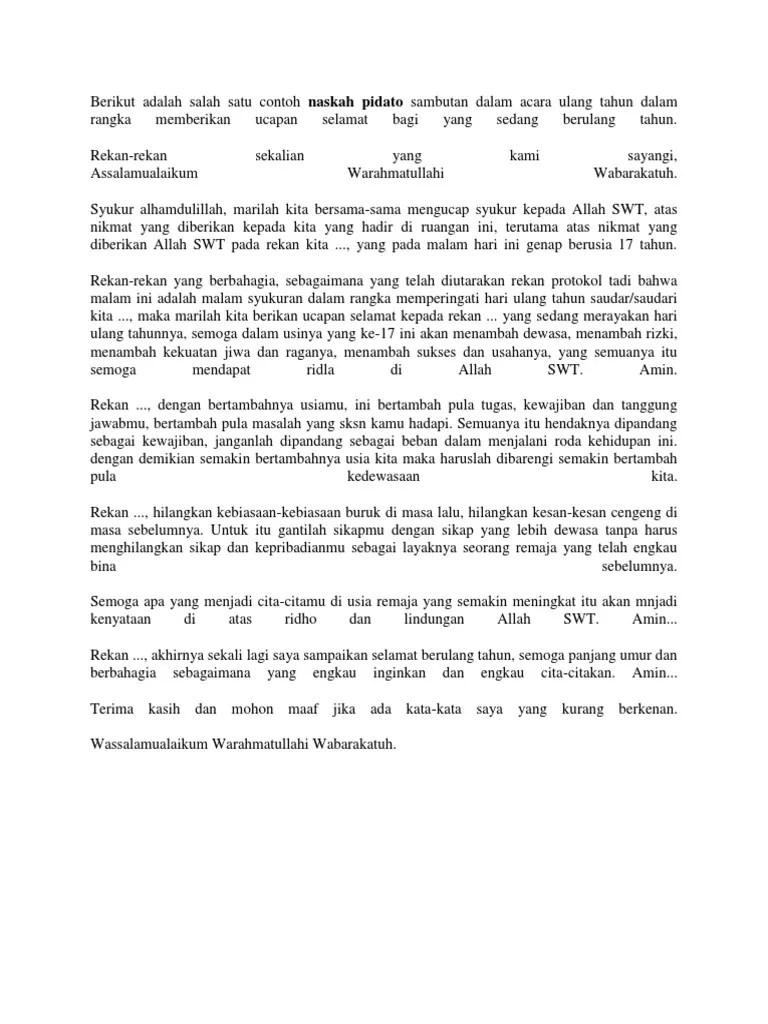 Berikut Adalah Salah Satu Contoh Naskah Pidato Sambutan Dalam Acara Ulang  Tahun Dalam Rangka Memberikan Ucapan Selamat Bagi Yang Sedang Berulang Tahun  | PDF