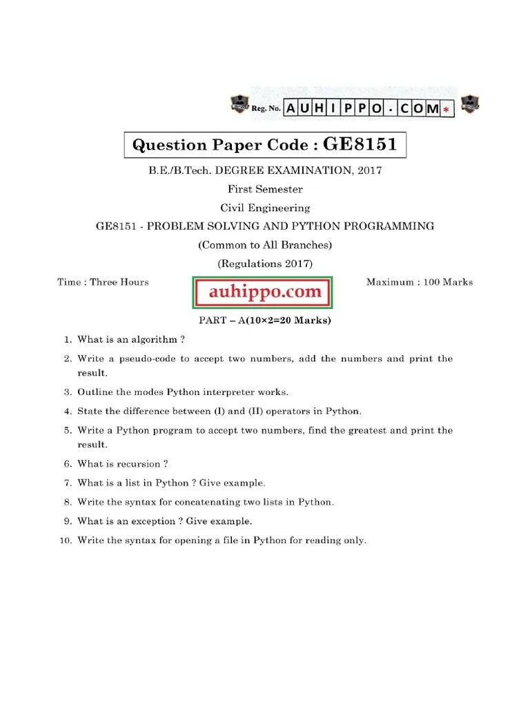 Ge8151 Problem Solving And Python Programming Reg 2017 | PDF