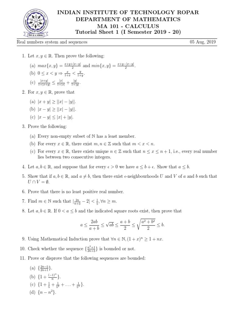 MA101-Tutorial Sheet 1 | PDF | Real Number | Sequence