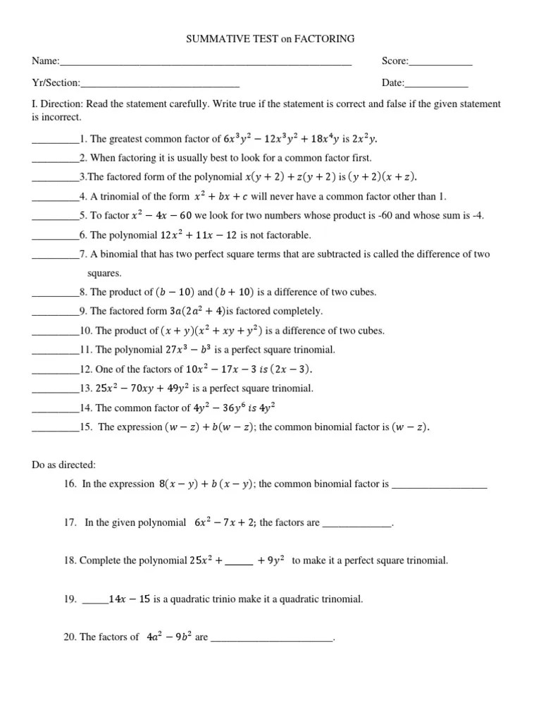 Summative Test On Factoring: An Analysis Of Students' Understanding Of ...