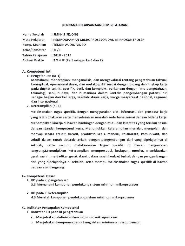 Rencana Pelaksanaan Pembelajaran: Memahami Komponen Pendukung Sistem  Minimum Mikroprosesor | PDF