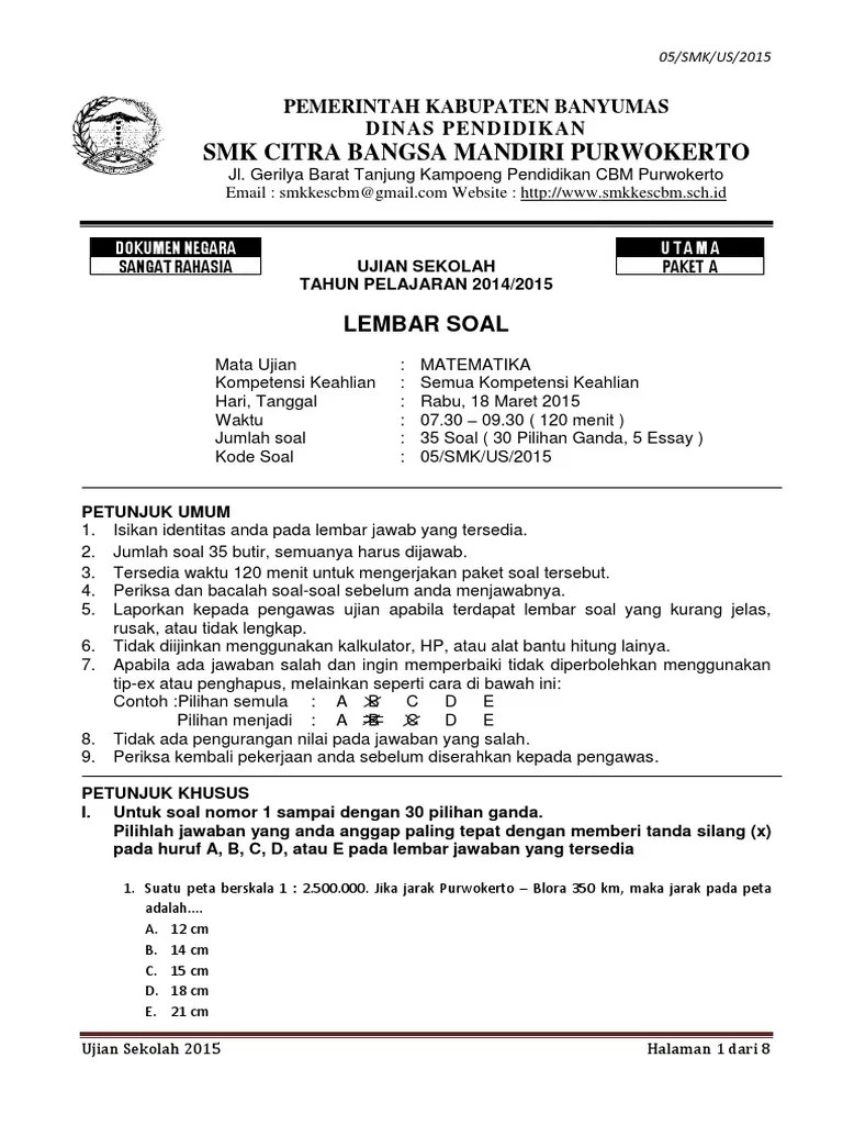 Ujian nasional tahun pelajaran 2015/2016. Soal Us Mtk Paket A Utama Pdf