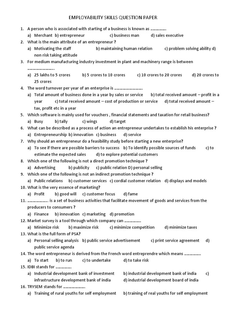 Employability Skills Question Paper 2 | PDF | Entrepreneurship | Occupational Safety And Health