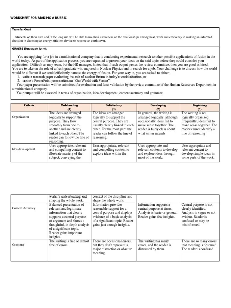 Worksheet For Making A Rubric: Transfer Goal | PDF | Rubric (Academic) | Writers