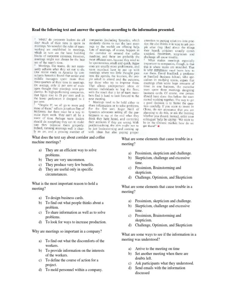 Read The Following Text and Answer The Questions According To The  Information Presented | PDF