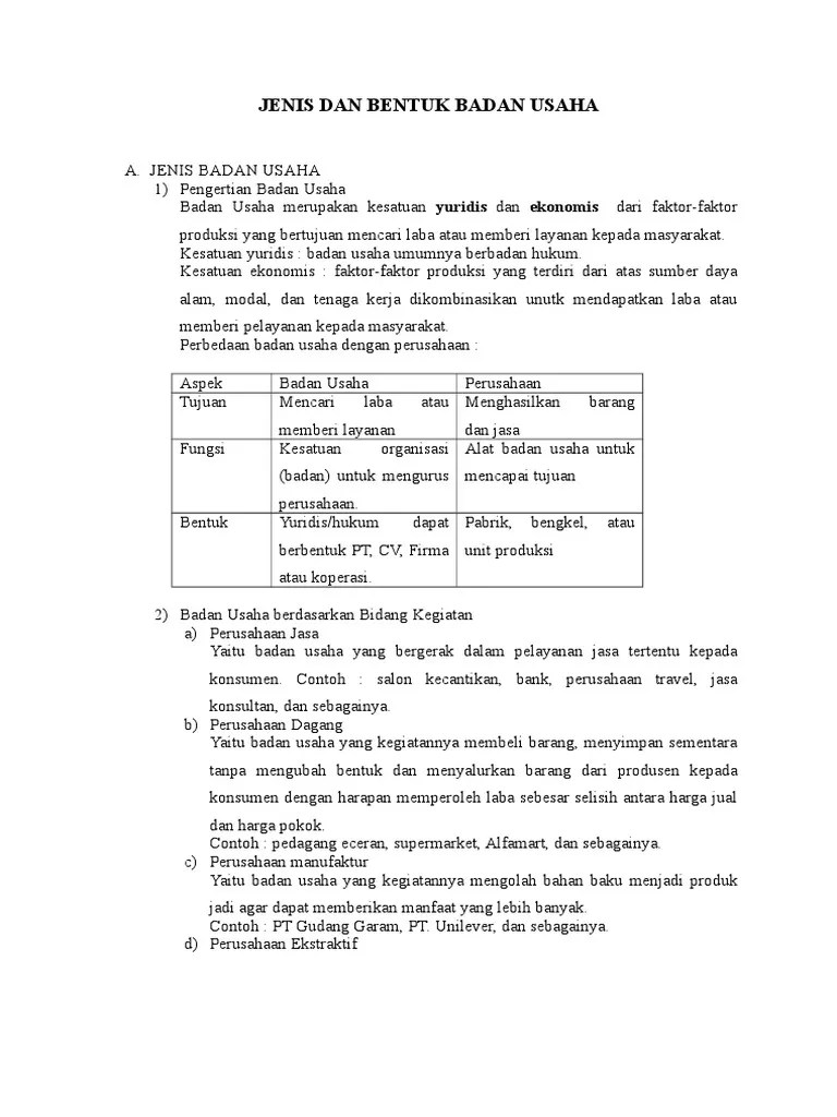 Materi KD 3 Jenis Dan Bentuk Usaha | PDF