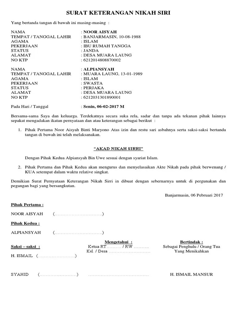 Artikel terkait dengan perjanjian pra nikah lihat di sini. Contoh Surat Nikah Siri Nusagates