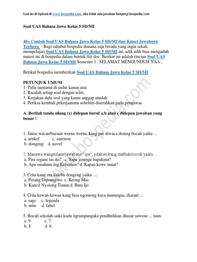 Soal ukk uas bahasa inggris kelas 5 semester 2 terbaru tahun 2018 kunci. 40 Contoh Soal Uas Bahasa Jawa Kelas 5 Sd Mi Dan Kunci Jawabnya Pdf
