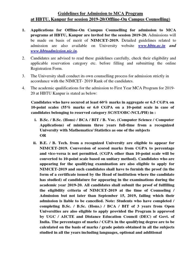 Guidelines For Admission To Mca Program At Hbtu Kanpur For Session