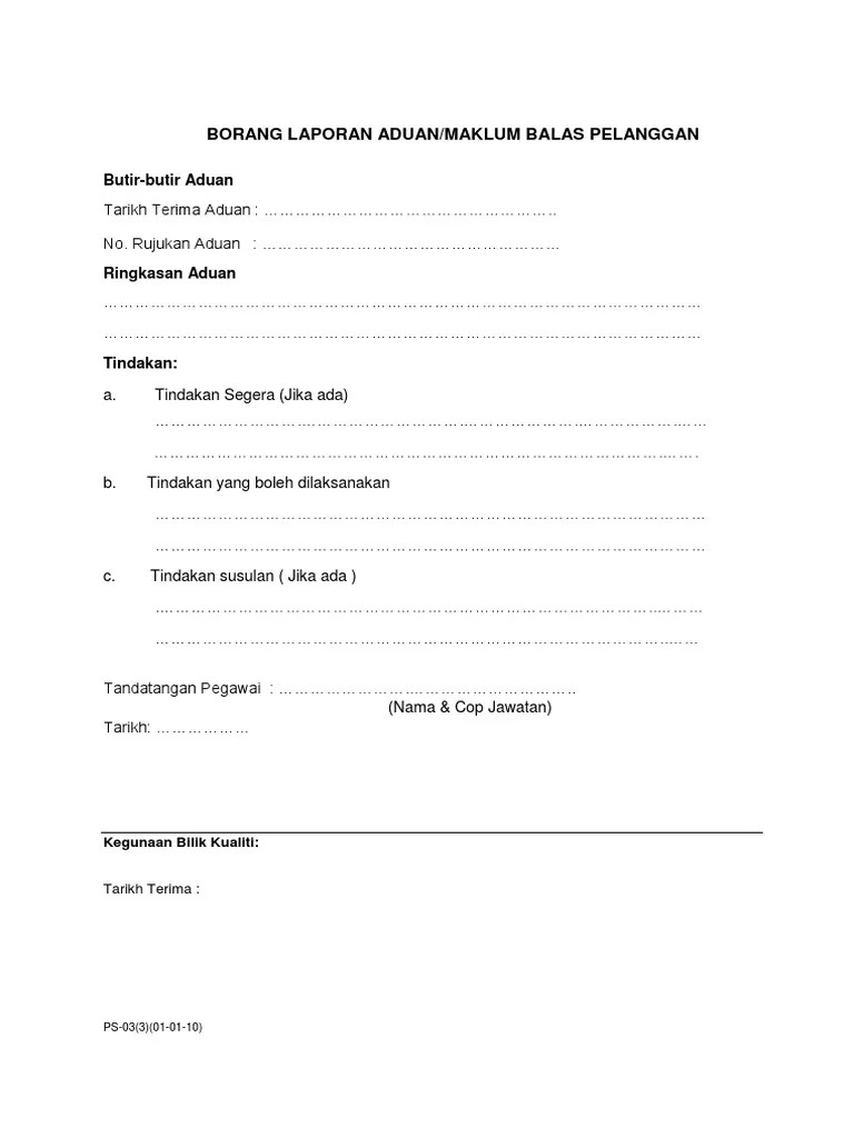 Surat rasmi maklum balas rasmi u. Borang Laporan Aduan Maklum Balas Pelanggan Pdf