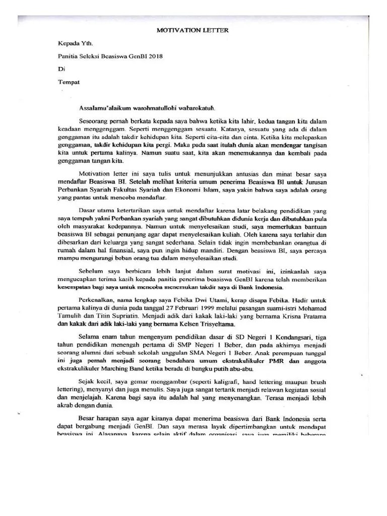 Anda bisa membuat surat lamaran kerja dengan bahasa indonesia dan. Contoh Motivation Letter Beasiswa Bahasa Indonesia Sekali