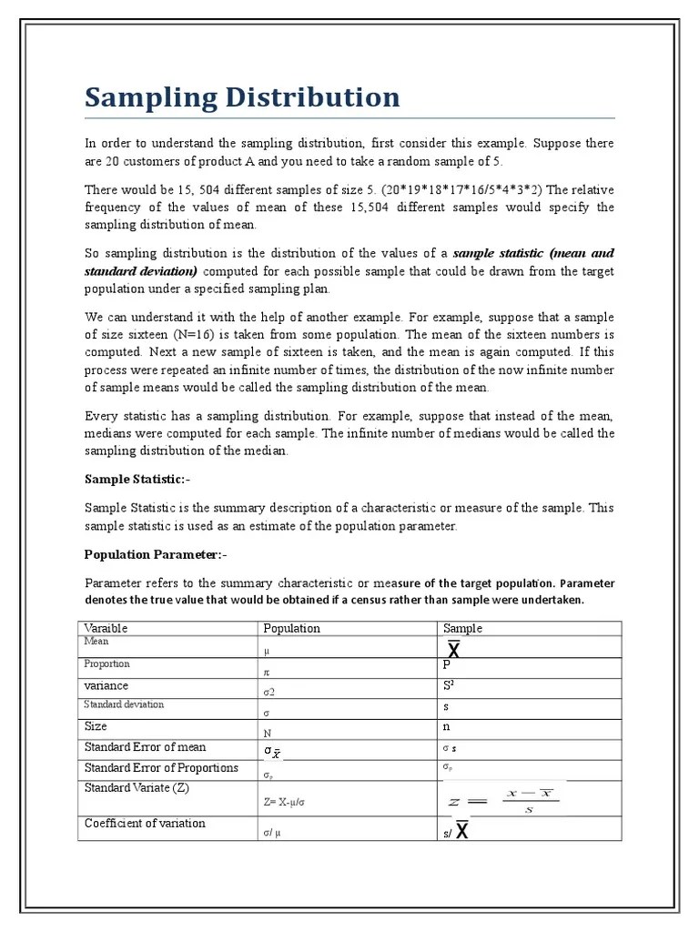Sampling Distribution: Standard Deviation) Computed For Each Possible Sample That Could Be Drawn ...