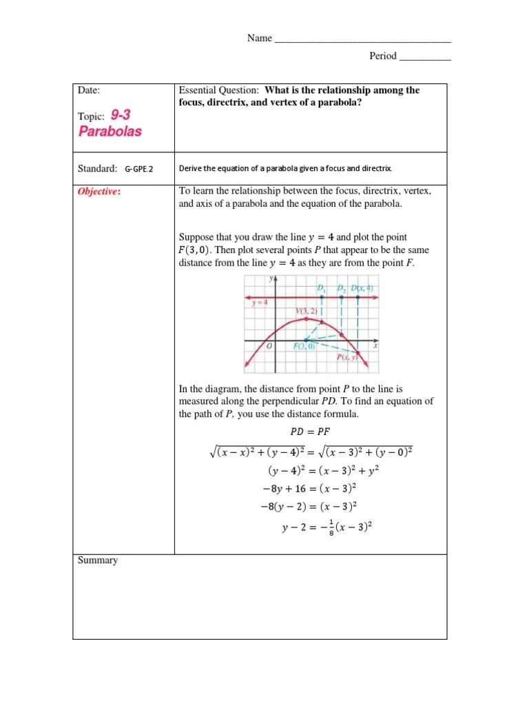 Name the coordinates of the vertex and focus, and the equation of the directrix of the parabola defined by each equation. 9 3 Parabolas Pdf Geometric Shapes Analytic Geometry