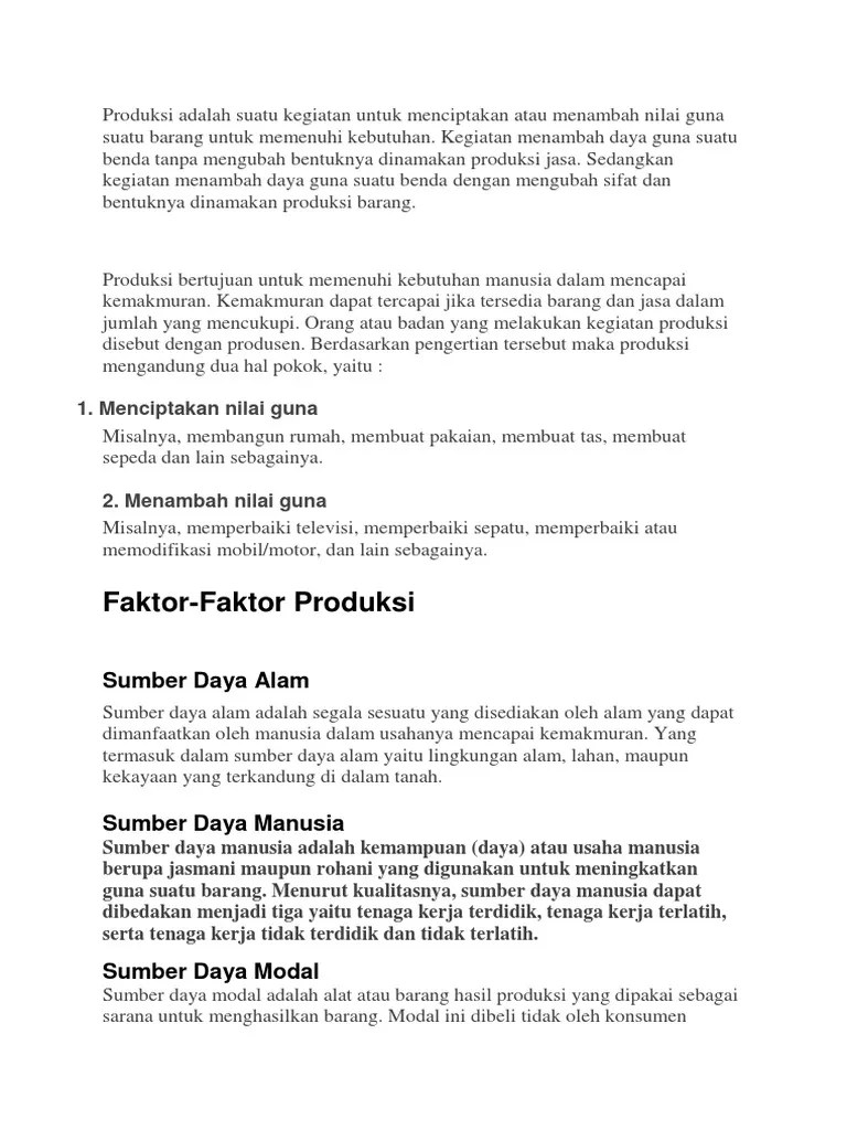 Produksi Adalah Suatu Kegiatan Untuk Menciptakan Atau Menambah Nilai Guna Suatu  Barang Untuk Memenuhi Kebutuhan | PDF