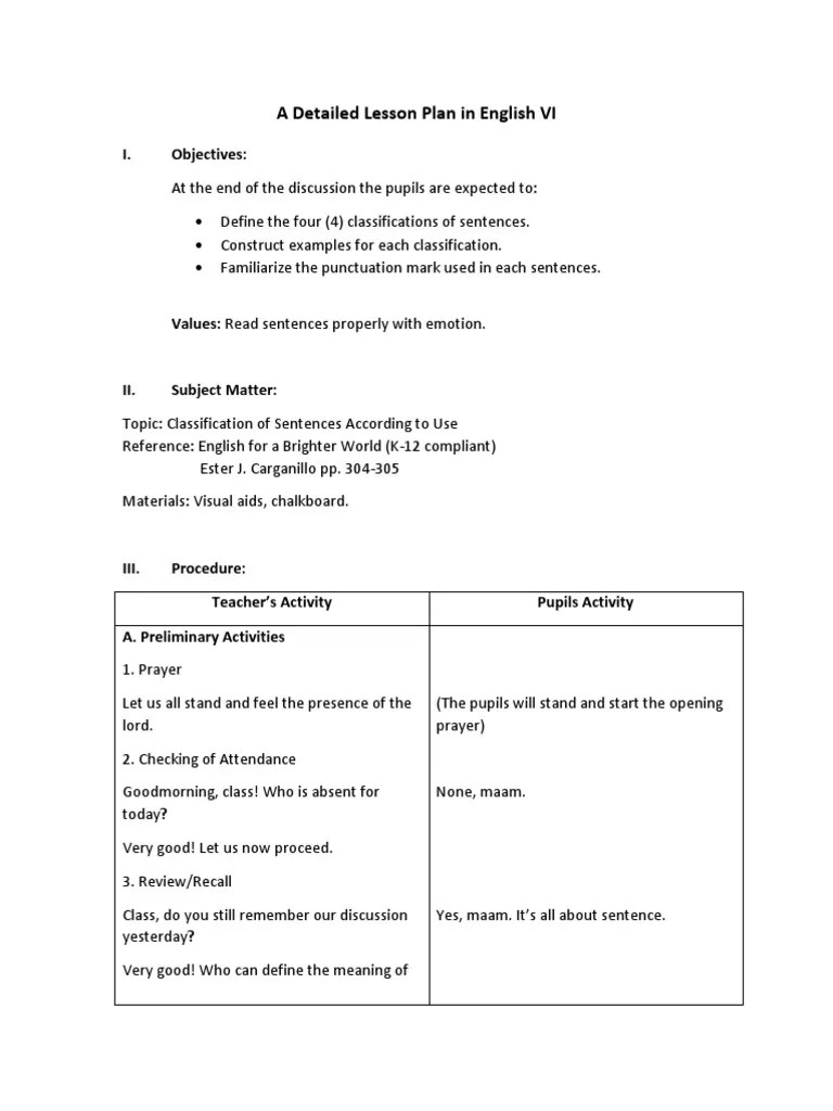 A Detailed Lesson Plan In English VI | PDF | Sentence (Linguistics ...