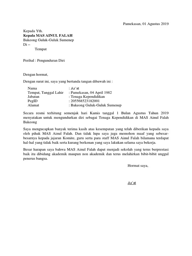 Contoh surat pengunduran diri guru ini sebagai contoh untuk . Contoh Surat Pengunduran Diri Ptk Pdf