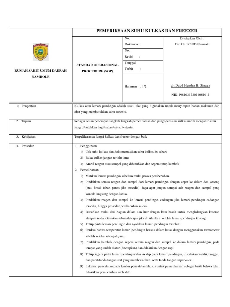 Sop Pemeriksaan Suhu Kulkas Dan Freezer | PDF