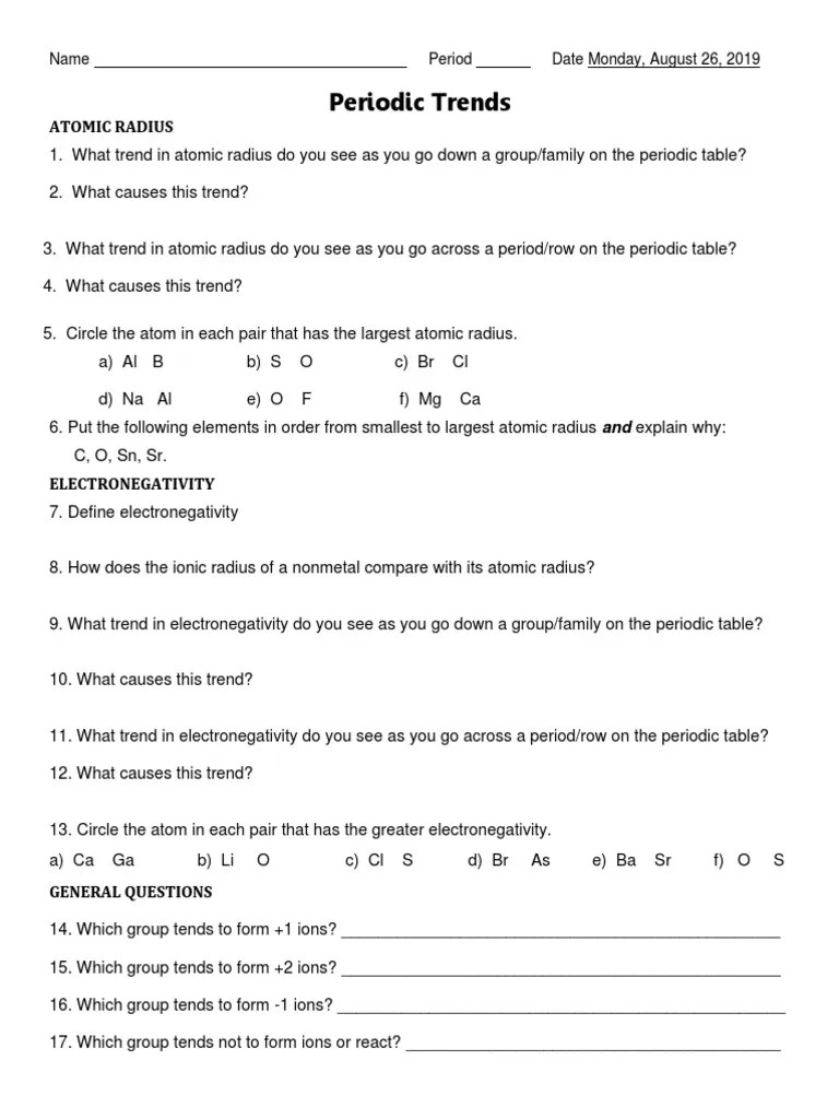State which atom is larger according to periodic trends. Periodic Trends Worksheet Pdf Chemical Elements Ion