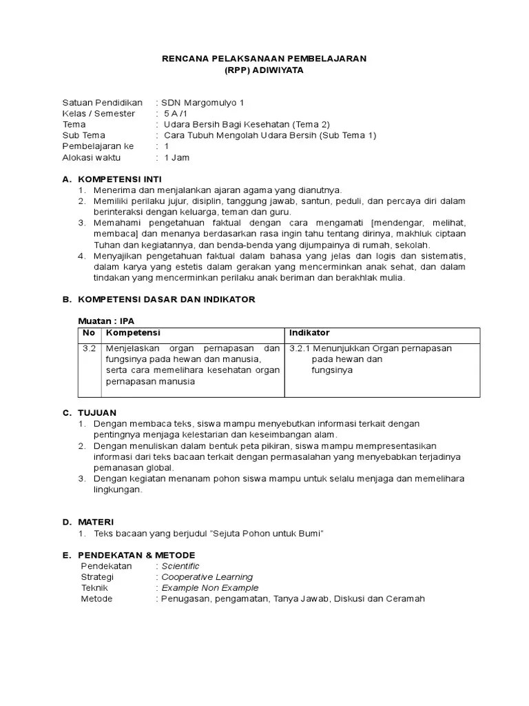 Download silabus kurikulum 2013 kelas 1 sd semester 1, semester 2. Rpp Tema 2 Sub Tema 1 Adiwiyata Pdf