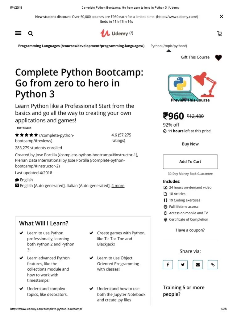 Complete Python Bootcamp - Go From Zero To Hero In Python 3 - Udemy ...