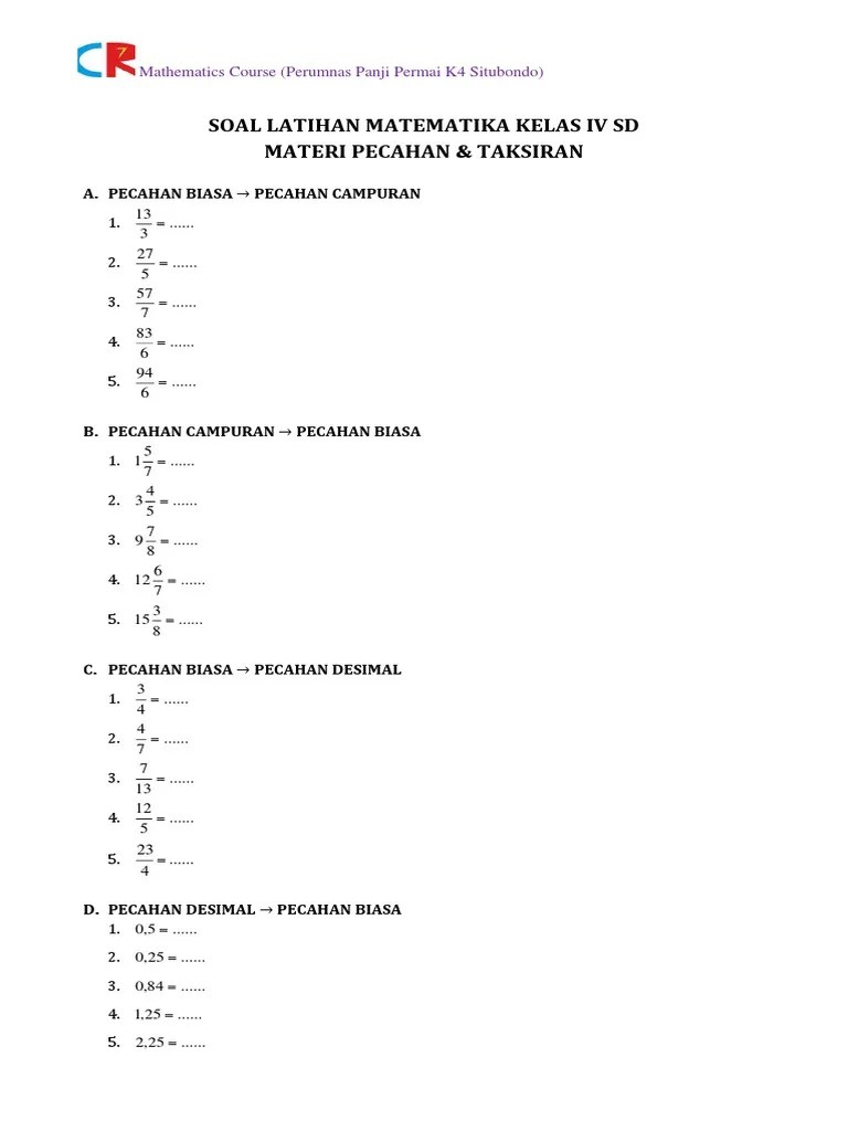 Bilangan pecahan bab 6 kelas 4 sd arrayhan elearning soal ukk matematika kelas . Soal Pecahan Kelas 4 Dan Jawaban Sekali