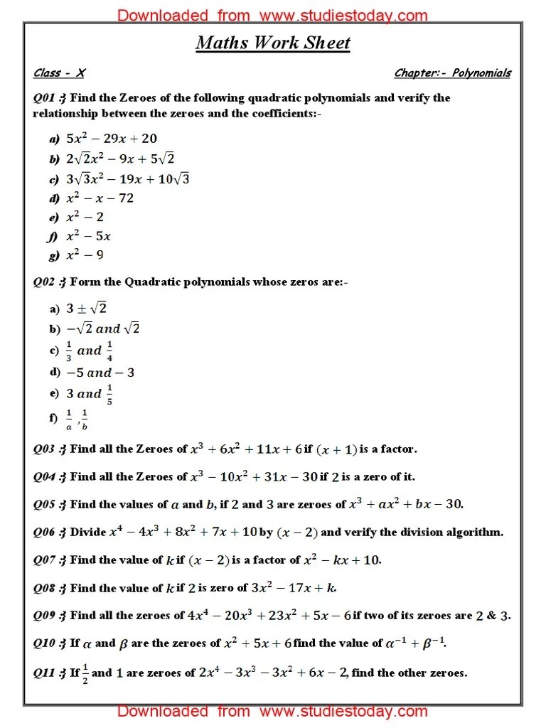 CBSE Class 10 Maths Worksheet - Polynomials | PDF | Polynomial ...