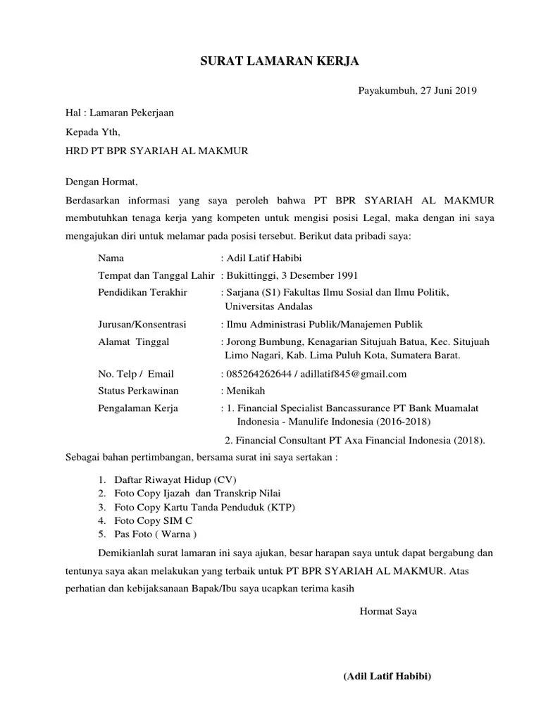 Contoh surat lamaran kerja by kandhiwa in types > resumes & cvs, contoh surat lamaran. Surat Lamaran Kerja Bpr Syariah Al Makmur 2019 Pdf
