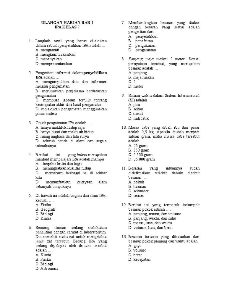 Berikut ini adalah contoh soal penilaian tengah semester (pts) kurikulum 2013 (dalam kurikulum ktsp disebut dengan ulangan tengah semester/uts) mata pelajaran bahasa indonesia kelas 7 (vii) semester 1 (gasal/ ganjil) smp/mts. Soal Objek Dan Pengamatan Ipa Kelas 7 Pdf