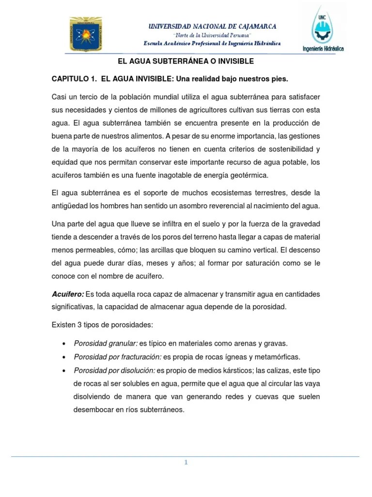 EL AGUA SUBTERRÁNEA O INVISIBLE - Resumen | PDF | Agua Subterránea | Roca (geología)