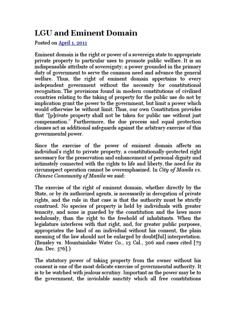 LGU And Eminent Domain: April 1, 2011 | PDF | Eminent Domain | Common Law