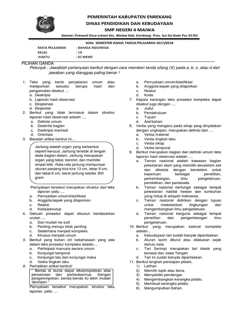 Soal Teks Laporan Hasil Observasi Dan Jawaban Belajar