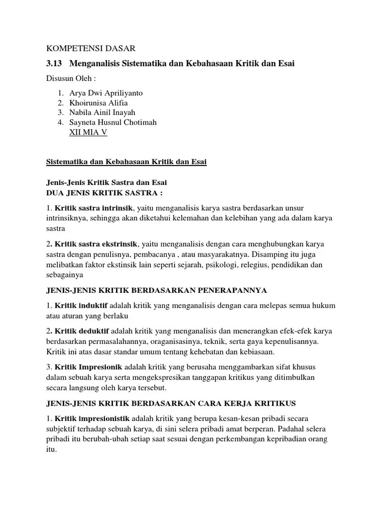 Menganalisis kebahasaan kritik sastra dan esai. Sistematika Kritik Pdf