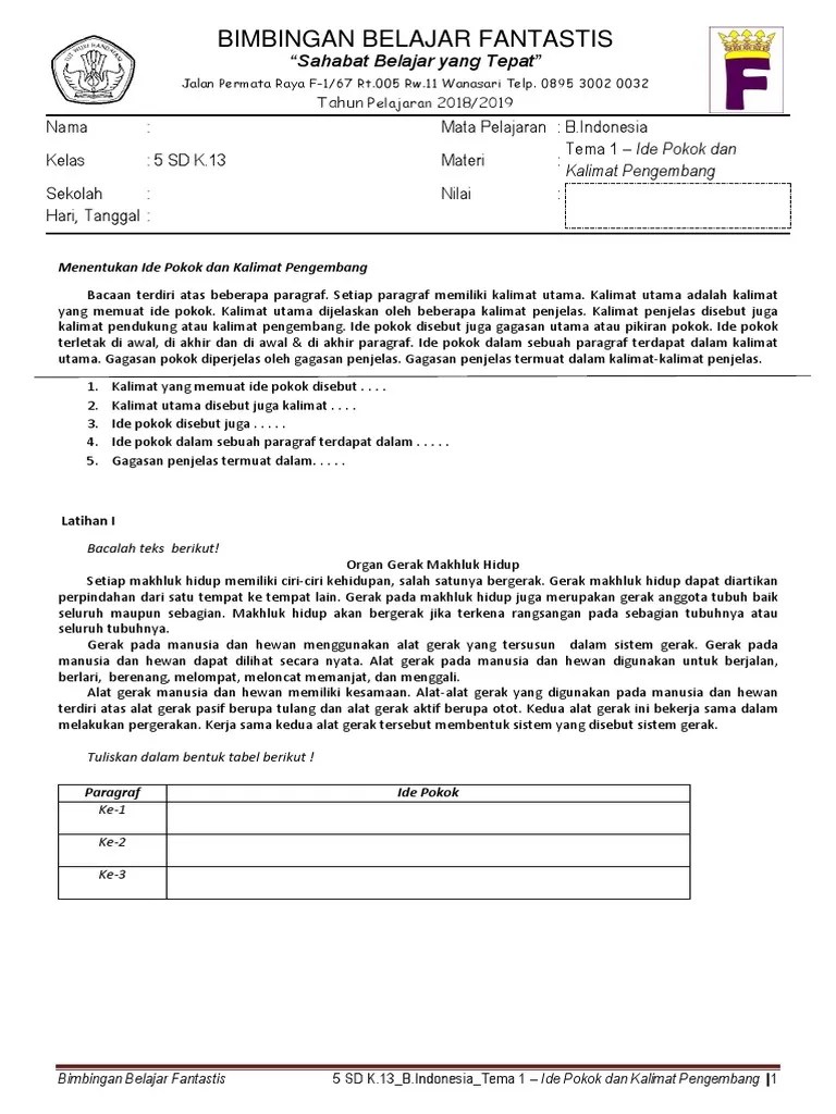 Contoh soal sd menentukan ide . 5 Sd K 13 Tema 1 B Indo Ide Pokok Kalimat Pengembang Pdf Pdf