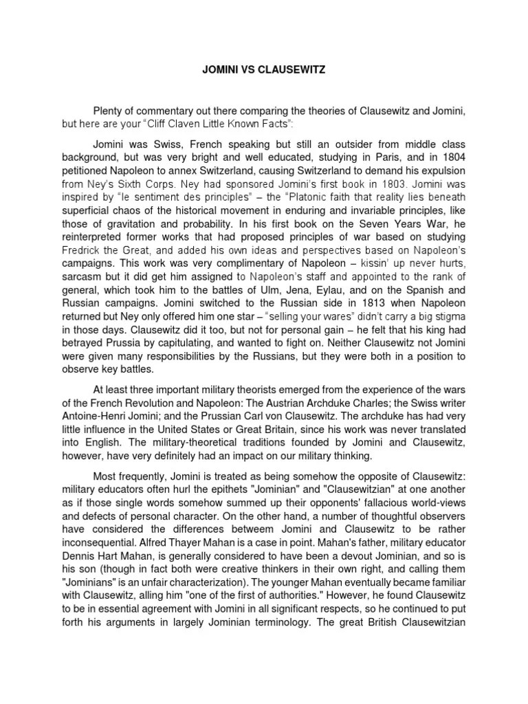 Jomini Vs Clausewitz | PDF | Antoine Henri Jomini | Carl Von Clausewitz