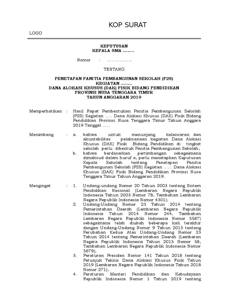 Berikut ini adalah contoh sk panitia pembangunan gedung sekolah. Contoh Sk P2s Dak Sma Pdf