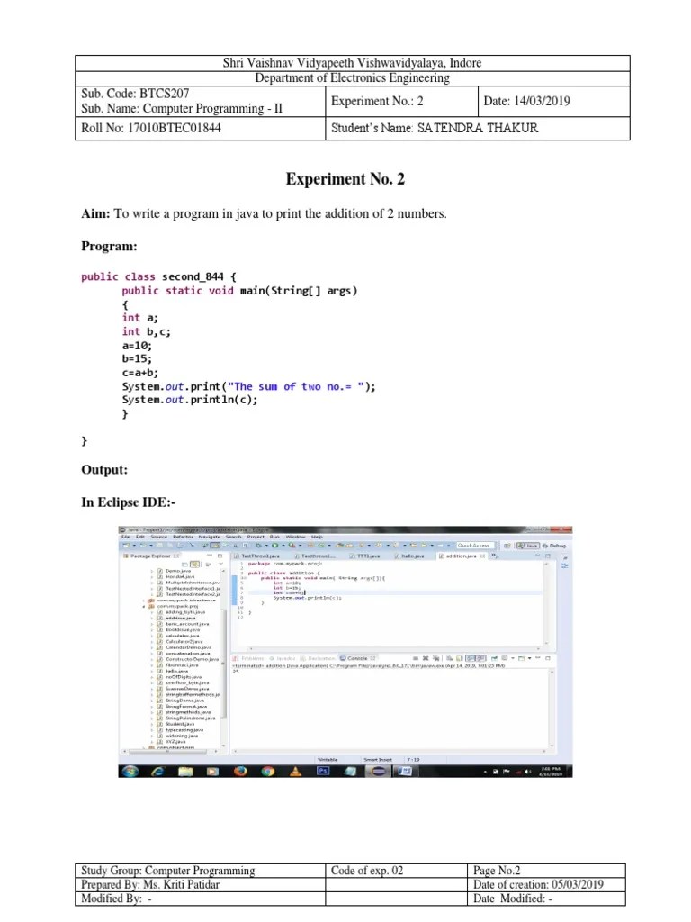 Experiment No. 2: Aim: To Write A Program In Java To Print The Addition ...