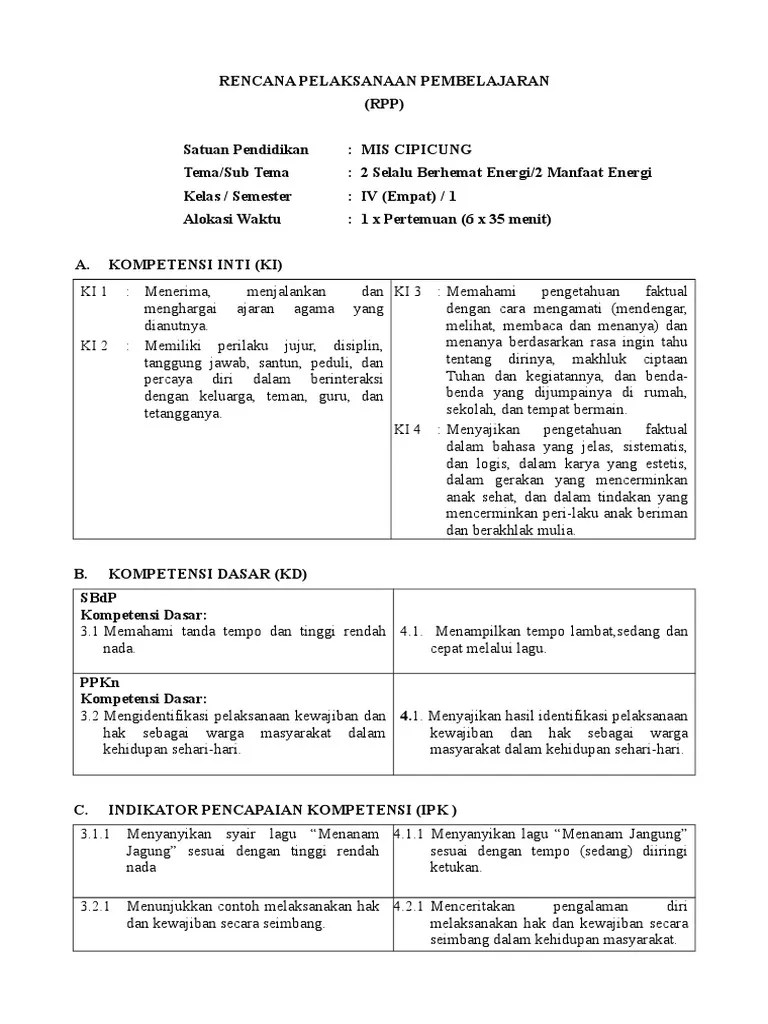 RPP Kelas 4 Tema 2 Sub Tema 2 PKN Dan SBDP | PDF