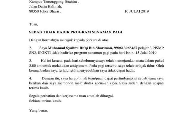 Ponteng tugas atau disebabkan faktor yang tak dapat dielakkan. Contoh Surat Rasmi Tunjuk Sebab Lewat Descar 0 Otosection